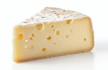 Close-up of cheese piece with holes on white background. Brie type soft yellow cream dairy product from milk for snack. Fresh epicure ingredient for delicious meal.
