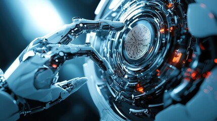 Fototapeta premium Robotic Hand Interacting with Futuristic Circular Interface