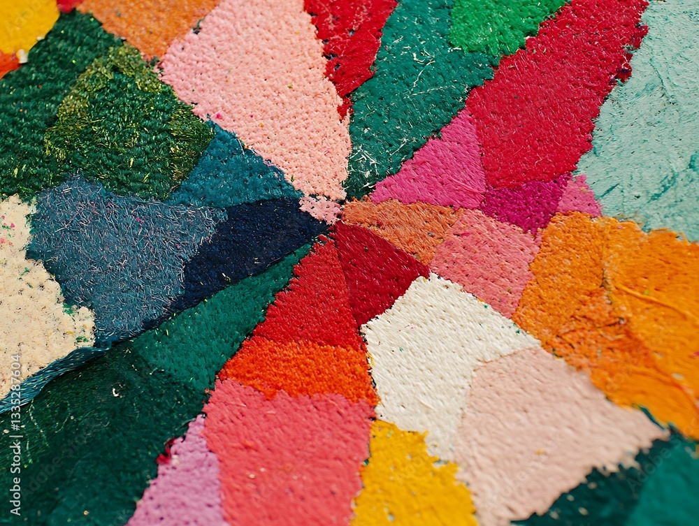 Poster artistic arrangement of multicolored textured paper pieces creating a burst pattern