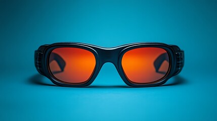Close-up of black-framed 3D glasses with orange-tinted lenses on blue backdrop. Retro-futuristic aesthetic. Symbol of immersive entertainment. National 3-D Day appreciation for stereoscopic technology