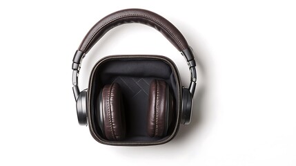 Naklejka premium A pair of brown leather headphones resting in a sleek storage case.