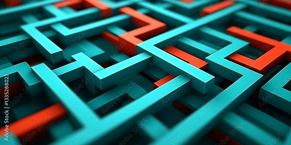 Poster complex interlocking turquoise and orange geometric shapes and structures