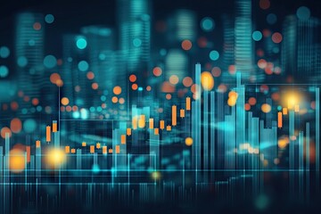Urban data visualization, showing financial trends overlaid on a city skyline.  Nighttime cityscape with glowing indicators, superimposed charts and graphs