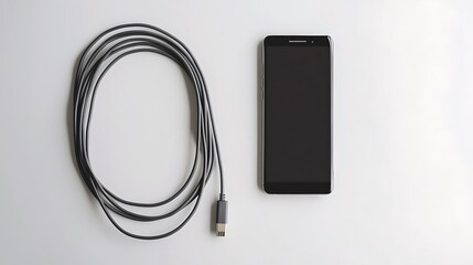 A smartphone next to a USB charging cable on a plain surface.