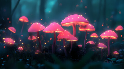 Fototapeta premium Glowing pink mushrooms in dark forest. Dreamlike Mycelium. Illustration