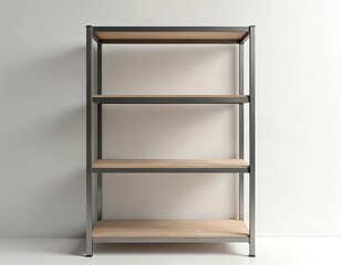 Fototapeta premium Minimalist sleek shelving unit featuring four light wooden shelves, great for storage, organization. Metal rack modern industrial design, ideal for interior decor, home improvement projects. Empty