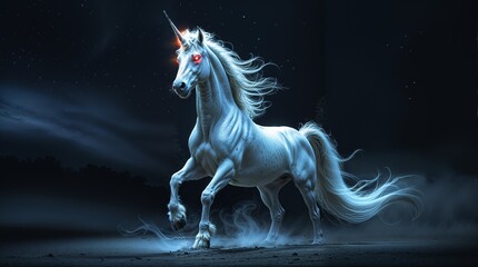 Obraz premium Majestic Unicorn with Glowing Eyes Under a Starry Night Sky