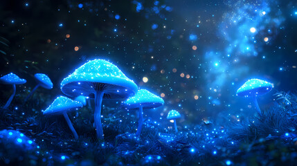 Luminous blue mushrooms in a starlit night. Dreamlike Mycelium. Illustration