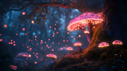 Fototapeta premium Magical glowing mushrooms in dark enchanting forest night scene art pink moss tree light woods fungi. Dreamlike Mycelium. Illustration
