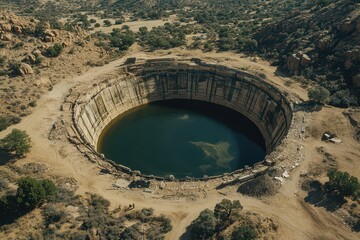 Aerial view of a large, abandoned mining pit surrounded by rocky terrain and sparse vegetation