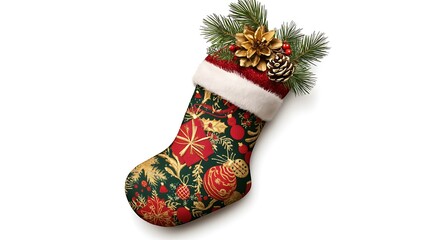 A festive Christmas stocking adorned with holiday decorations and greenery.