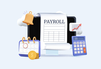 Salary payroll system 3D illustration. Office accounting administrative or calendar pay date, employee wages concept, businessman standing with online payroll computer. Online income calculate