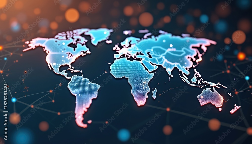 Poster world map digitalized network connection tech abstract background. blue continents connected glowing