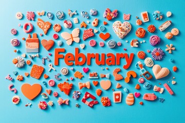 Fototapeta premium A vibrant display of various candies and sweets is creatively arranged against a bright blue background. Decoratively shaped treats highlight the theme of February, celebrating love and joy.