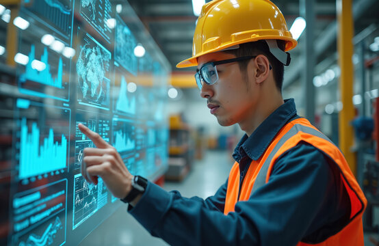 Asian engineer in safety vest, hard hat using touch screen display. Data analysis, production control, automation in manufacturing facility. Tech worker monitors digital dashboard with graphs, charts.
