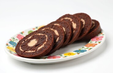 Slices of sweet chocolate salami dessert on plate. Traditional Italian recipe of chocolate roll with cookie crumbs. Tasty sugar caloric pastry slice with cocoa for eat.