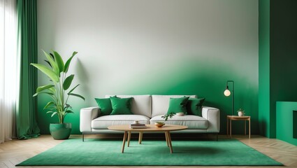 Aesthetic gradient white to green themed living room interior concept