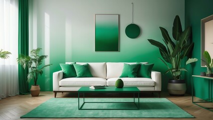 Aesthetic gradient white to green themed living room interior concept