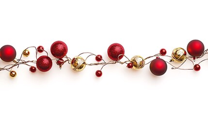 A festive arrangement of red and gold Christmas ornaments and bells on a white background.