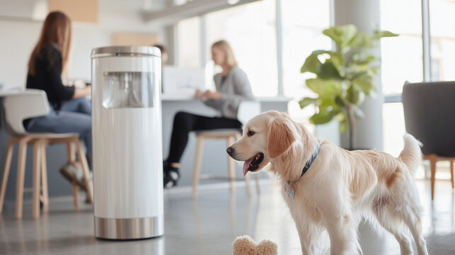A dog playing with a toy in a modern breakroom