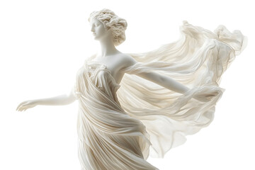 ancient marble statue of aphrodite with ethereal wings floating fabric isolated on pure white background museum quality photograph
