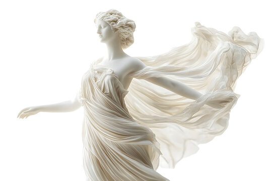 ancient marble statue of aphrodite with ethereal wings floating fabric isolated on pure white background museum quality photograph