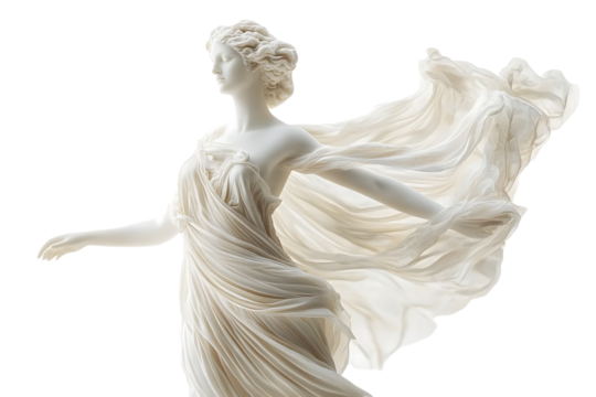ancient marble statue of aphrodite with ethereal wings floating fabric isolated on pure white background museum quality photograph