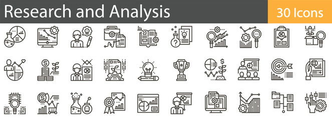 Research and Analysis Line Icons Set. Collection of 30 outline icons representing research tools, data analysis, and scientific processes. Editable stroke vector illustration.