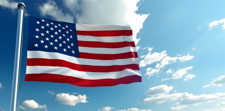 United States flag waving in the wind with cloudy sky background