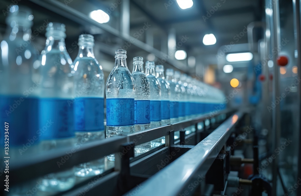 Poster bottling water on conveyer belt at factory. beverage production line with automated machinery. clear