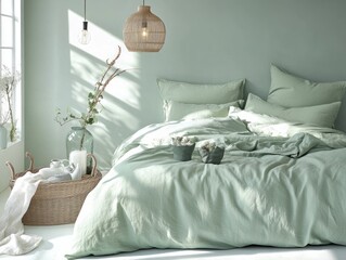A serene bedroom scene featuring a stylish bed and decorations