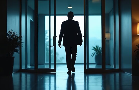 Silhouette of man walks out door in office. Business person leaves, goes away in suit. Symbolizes employment termination, resignation, career change, job loss, end of work project.