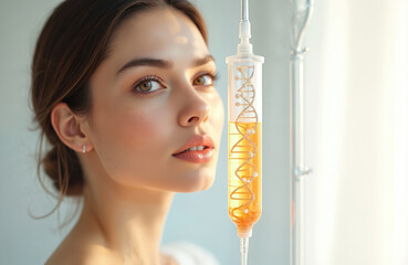IV vitamin drip concept. Young woman with DNA helix visualization receives intravenous nutrition therapy. Beauty procedure. Anti-aging skin hydration treatment. Healthy lifestyle, modern cosmetology,