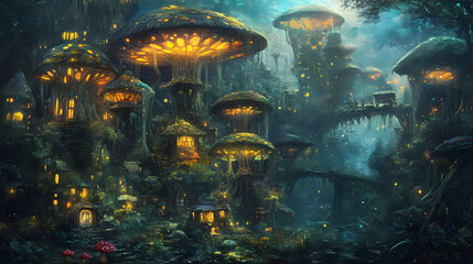 Enchanted mushroom village: a submerged fantasy realm. Dreamlike Mycelium. Illustration