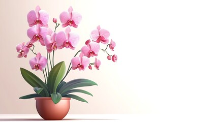 Naklejka premium A vibrant orchid plant in a pot, showcasing delicate pink flowers and lush green leaves.