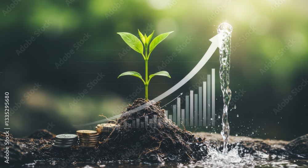 Poster a seedling grows from a mound of earth and coins, accompanied by a rising graph and a stream of wate