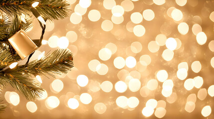 A close-up of an evergreen tree's delicate green branches and sparkling lights, evoking a joyous mood for Christmas or other noteworthy occasions
