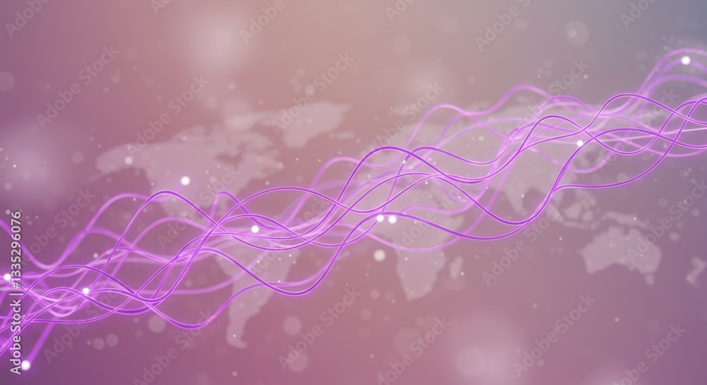Poster blurred world map background overlaid with flowing purple lines and sparkling white dots, creating a