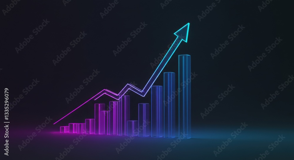 Poster graph with a neon arrow pointing upwards against a dark background