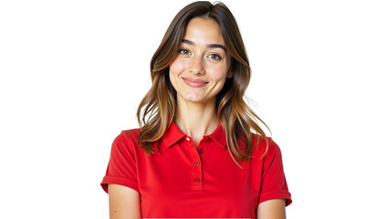 Smiling woman in red polo shirt isolated on transparent background. Studio portrait perfect for diverse uses: business, lifestyle, casual themes, and profile pictures.