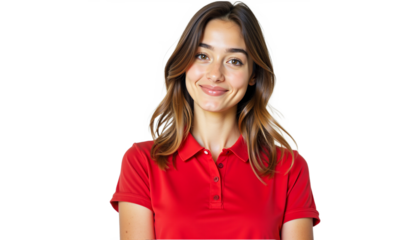Smiling woman in red polo shirt isolated on transparent background. Studio portrait perfect for diverse uses: business, lifestyle, casual themes, and profile pictures.