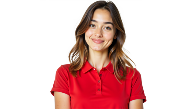 Smiling woman in red polo shirt isolated on transparent background. Studio portrait perfect for diverse uses: business, lifestyle, casual themes, and profile pictures.