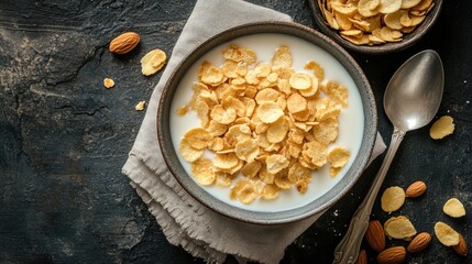A spoon resting on a napkin next to a bowl of crispy wheat flakes and milk, with almonds sprinkled around.