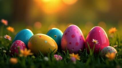 Brightly colored Easter eggs arranged on grassy meadow, highlighted by beautiful blooming flowers, radiating warmth and cheerfulness. Ideal for festive designs, seasonal decorations.