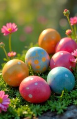 Beautifully arranged Easter eggs in vibrant colors, sitting on vivid green grass with lovely wildflowers, evoking playful spirit of Easter celebrations. Great for seasonal cards and art prints.