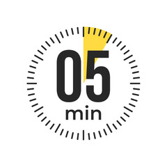 5 or five minute Timer, clock, stopwatch isolated icons. Countdown timer symbol. Label cooking time. Minute timer, Time measure, Chronometer, Alarm, Kitchen timer, label, sticker, stamp.  Vector