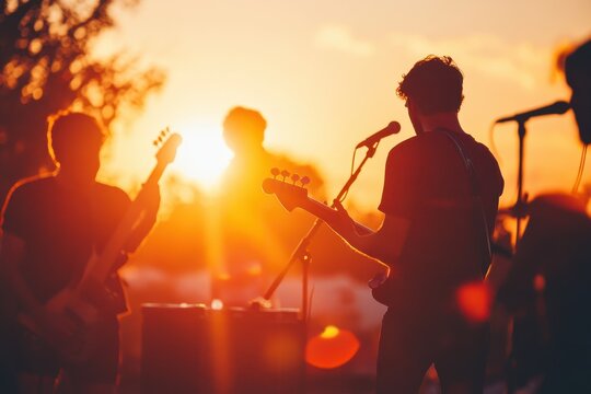 Live band playing at an outdoor sunset concert