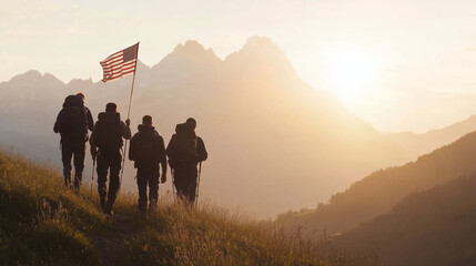 Independence Day Celebration with Hiking and Flag Waving in Mountains