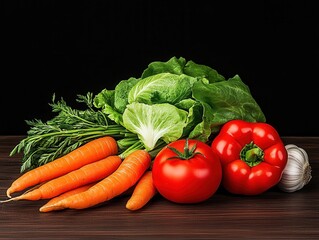 Fresh vegetables including carrots, tomatoes, lettuce, and garlic on wooden table
