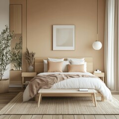 A serene and modern bedroom with neutral color palette and decor